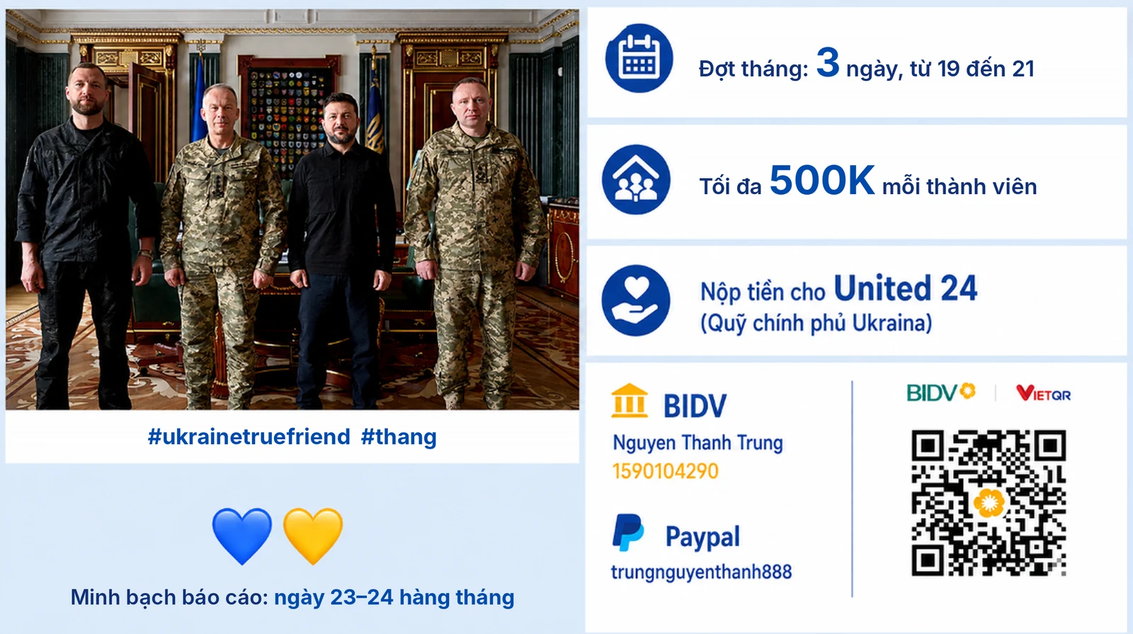 Thông tin đóng góp đợt tháng: 3 ngày từ 19 đến 21, tối đa 500K, nộp tiền cho United 24; BIDV 1590104290 Nguyen Thanh Trung; Paypal trungnguyenthanh888; minh bạch báo cáo ngày 23–24 hàng tháng
